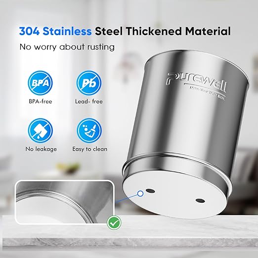 Purewell 8-Stage Gravity Fed Water Filter System, 2.25 Gallon Stainless Steel Countertop System with 4 Filters, Metal Water Level Spigot and Stand, Reduce Fluoride and Chlorine, PW-OBT-CF