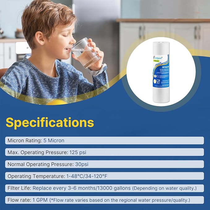 EXCELPURE 5 Micron 10" x 2.5" Whole House Sediment Home Water Filter Cartridge Replacement for Any 10 inch RO Unit, Culligan P5, Aqua-Pure AP110, Dupont WFPFC5002, CFS110, WHKF-GD05, PP10-05, 4PACK
