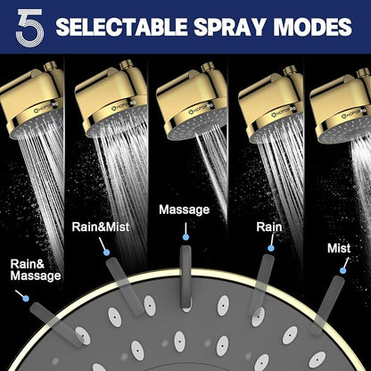 High Flow Filtered Shower Head, HOPOPRO 5 Modes High Pressure Fixed Showerhead with NSF Certified Filter Replacement Cartridge, Remove 99% Chlorine, Improves Skin Hair Condition (6 Inch Gold)