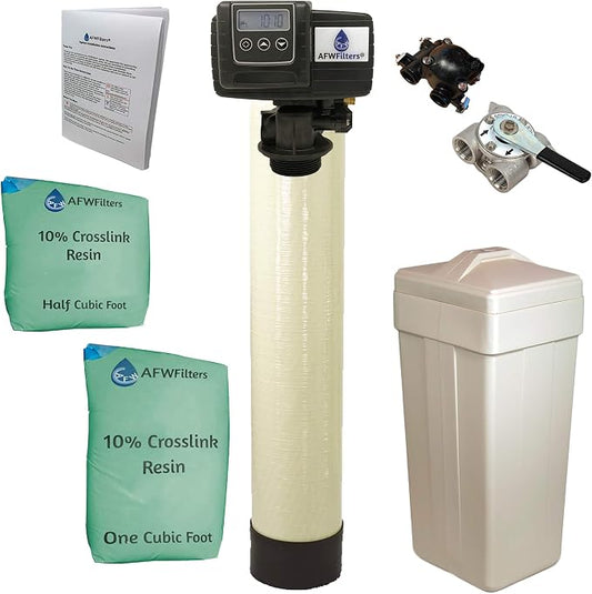 AFWFilters 1.5 Cubic Foot (48k) Whole Home Water Softener with Durable 10% Crosslink Resin, 3/4" Stainless Steel FNPT Connection, and Almond Tanks