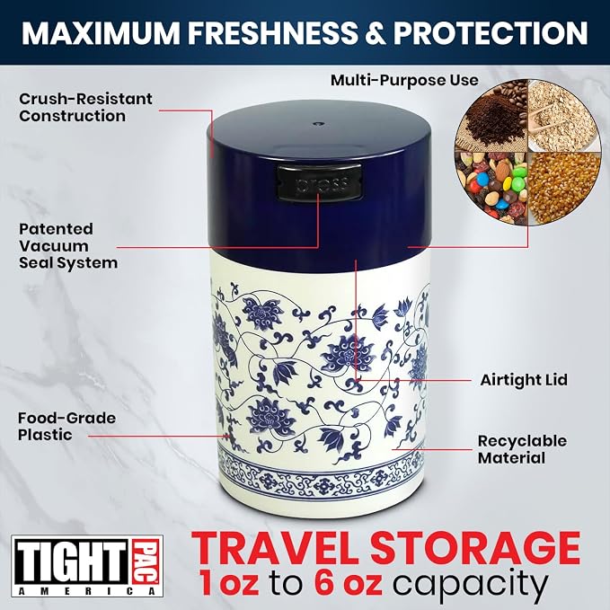 Tightpac Teavac 6-Ounce Vacuum Sealed Tea Storage Container, Blue Cap and White Body/Floral Design