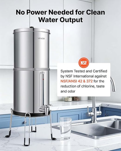 VEVOR Gravity-fed Water Filter System, 2.25G 304 Stainless-Steel Countertop Water Filtration System, Reduces Lead and up to 99% of Chlorine, w/ 2 Carbon Filter, Spigot, Stand