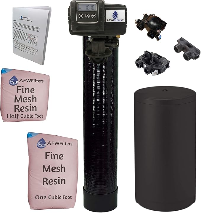AFWFilters Whole House Water Softener System - Fleck 5600sxt Digital Meter Grain - includes bypass valve & brine tank with safety float (48k 1 Inch Bypass, Black Fine Mesh Resin)