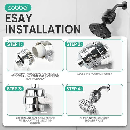 Cobbe High Output Shower Filter for Hard Water - 2 Replaceable Cartridges - Removing Chlorine and Harmful Substance, and Dramatically Improves The Condition of Your Skin, Hair and Nails - Matte Black