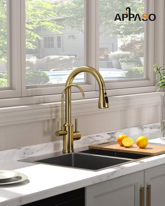 APPASO Kitchen Faucet with Water Filter (Without Water Filtration Device), 2 Handle 3 Way Gold Kitchen Sink Faucet, High Arch 3 Hole Kitchen Faucet with Pull Down Sprayer - 3 in 1 Faucet