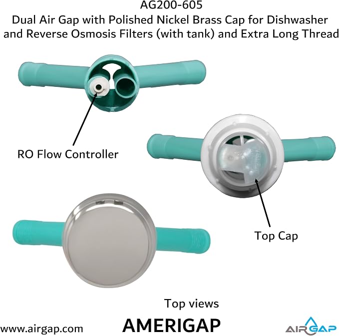 Dual Air Gap with Polished Nickel Brass Cap for Dishwasher and Reverse Osmosis Filters (with tank) and Extra Long Thread (AG200-605, AG200-X05, AMERIGAP)