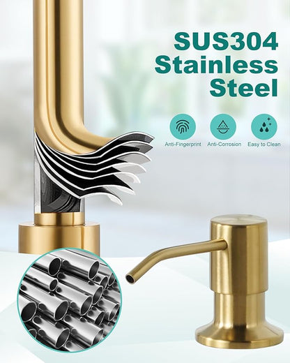Kitchen Sink Faucet with Soap Dispenser: Brushed Gold Kitchen Faucets with Pull Down Sprayer - Stainless Steel Single Handle Kitchen Faucet with Deck Plate for Farmhouse RV Laundry
