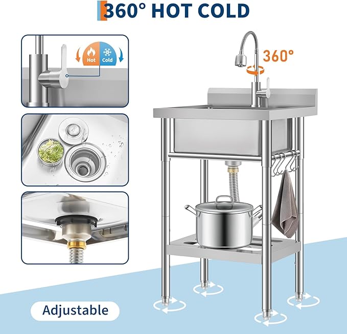 Garvee Stainless Steel Utility Sink with Faucet & Storage Shelf, 304 Single Bowl Freestanding Sink with Adjustable Legs, S-Hooks, Hot & Cold Water Pipes for Kitchen, Laundry, Garage, Farm, Outdoor Use
