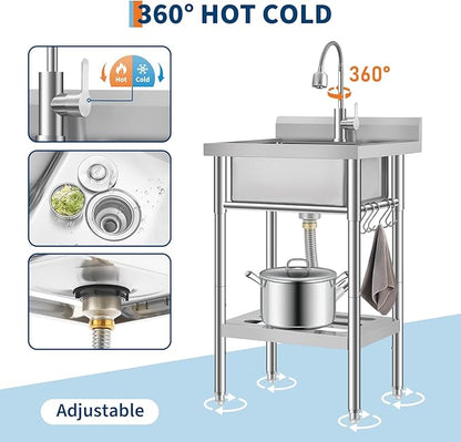 Garvee Stainless Steel Utility Sink with Faucet & Storage Shelf, 304 Single Bowl Freestanding Sink with Adjustable Legs, S-Hooks, Hot & Cold Water Pipes for Kitchen, Laundry, Garage, Farm, Outdoor Use
