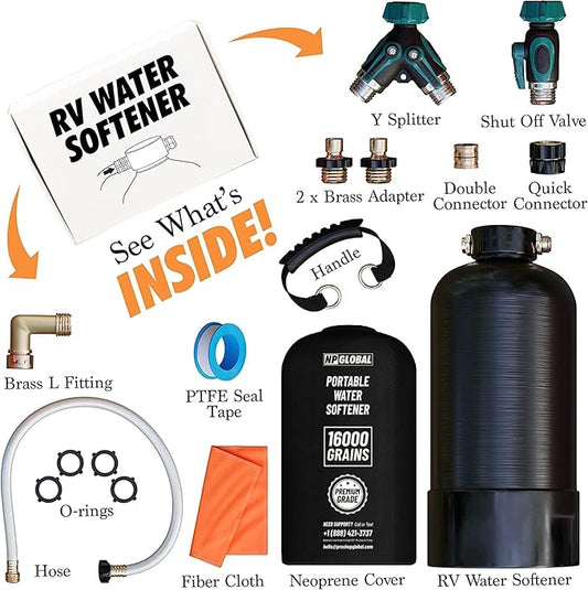 RV Water Softener Portable - 16,000 Grain, 3/4" GHT Fittings, Convenient Water Softener for RVs, Trailers, Boats, Mobile Car Washing, Pressure Washing