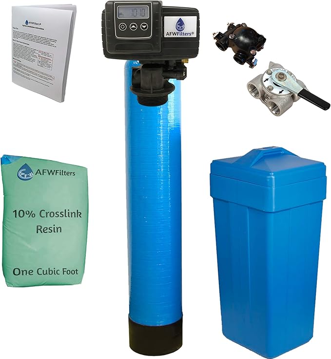 AFWFilters 1 Cubic Foot (32k) Whole Home Water Softener with Durable 10% Crosslink Resin, 3/4" Stainless Steel FNPT Connection, and Blue Tanks