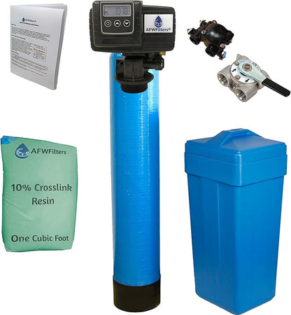 AFWFilters 1 Cubic Foot (32k) Whole Home Water Softener with Durable 10% Crosslink Resin, 3/4" Stainless Steel FNPT Connection, and Blue Tanks