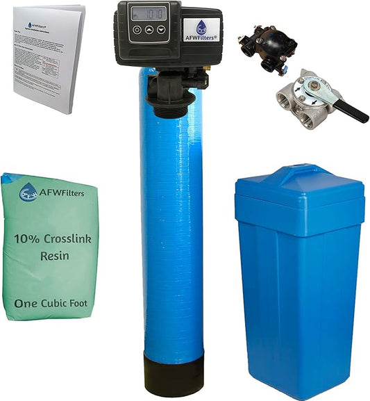 AFWFilters 1 Cubic Foot (32k) Whole Home Water Softener with Durable 10% Crosslink Resin, 3/4" Stainless Steel FNPT Connection, and Blue Tanks