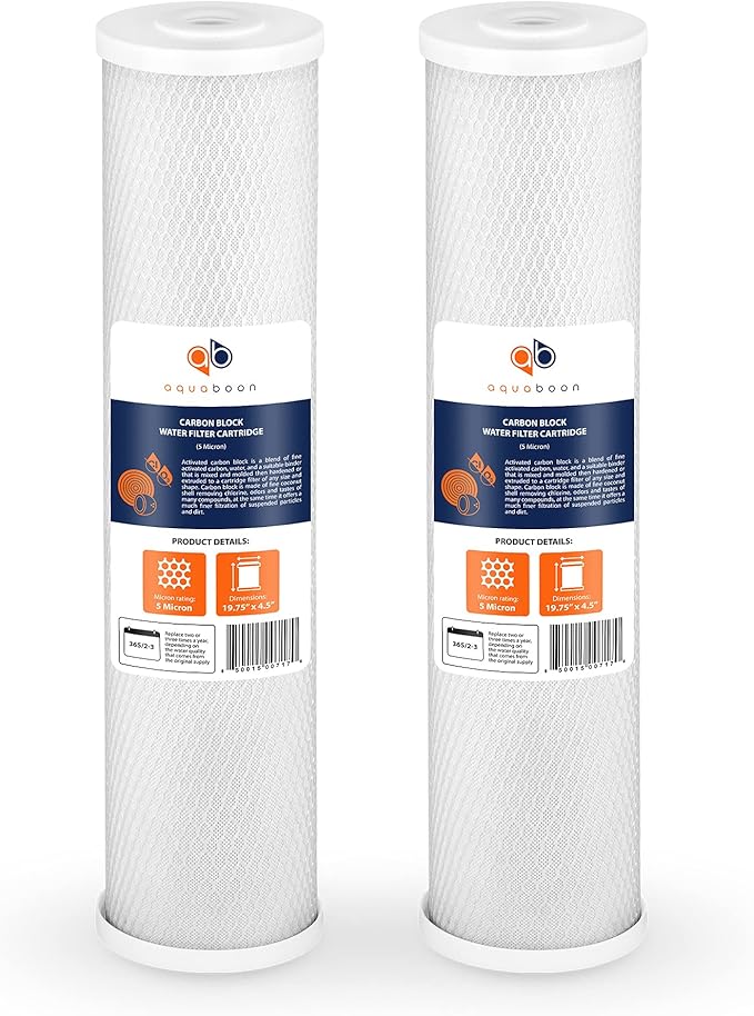 Aquaboon 4,5 x 20 inch Carbon Filter Cartridge - 5 Micron Coconut Shell CTO Big Blue Filter - Whole House Well Water Filtration - Matches DB20P, CTO20BB, Pentek FLOPLUS-20BB, 155312-43 (2 Pack)