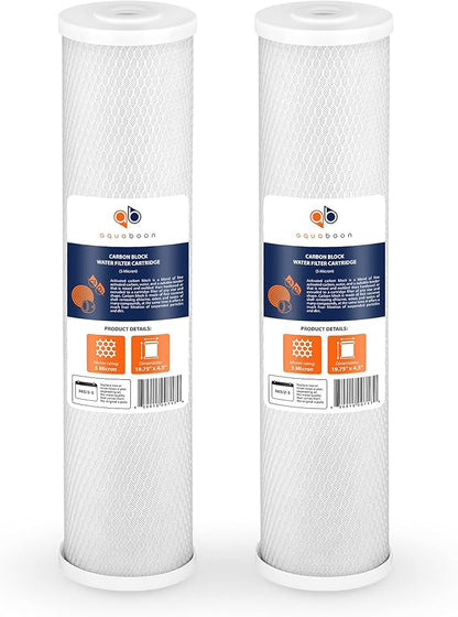 Aquaboon 4,5 x 20 inch Carbon Filter Cartridge - 5 Micron Coconut Shell CTO Big Blue Filter - Whole House Well Water Filtration - Matches DB20P, CTO20BB, Pentek FLOPLUS-20BB, 155312-43 (2 Pack)