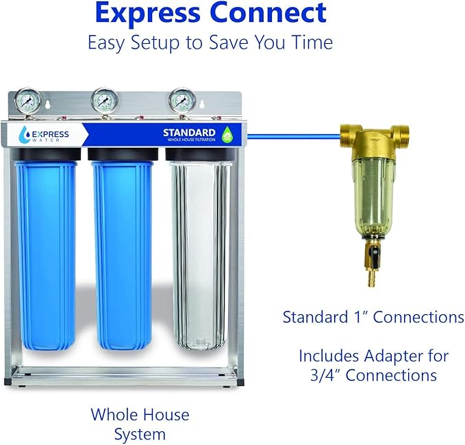 Express Water Whole House Sediment Water Filter – Spin Down Home Water Filtration System – 50 Micron Reusable Sediment Filter Cartridge – 1” and 3/4" Compatible with Filter, Mounting Bracket, Adapters