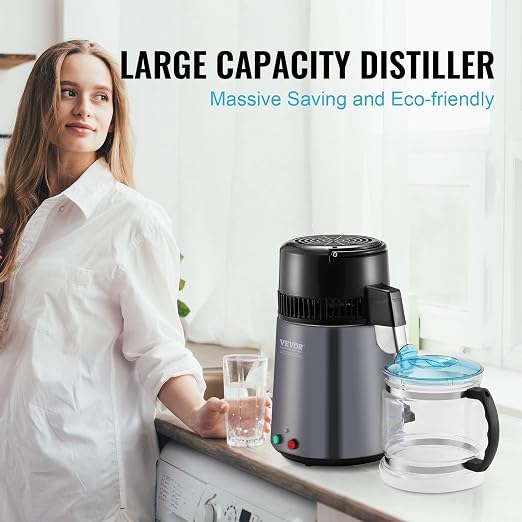 VEVOR Water Distiller, 4L /1.05 Gallon Pure Water Still for Home Countertop, 750W Distilled Water Maker, 304 Stainless Steel Body Distilling Machine with Glass Carafe to Make Clean Water, Gray