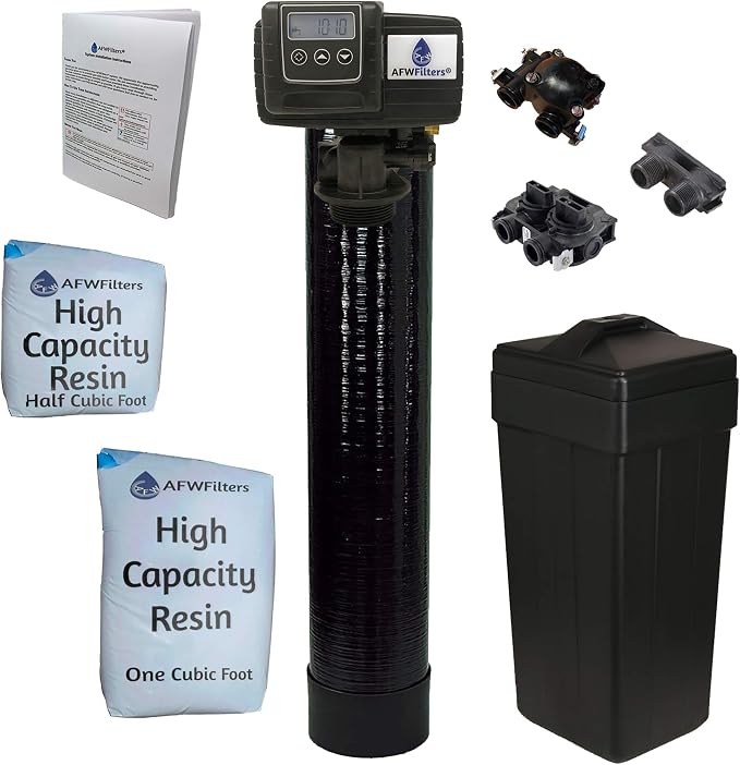 AFWFilters 1.5 Cubic Foot (48k) Whole Home Water Softener with High Capacity Resin, 1" Plastic MNPT Connection, and Black Tanks
