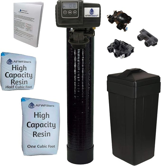 AFWFilters 1.5 Cubic Foot (48k) Whole Home Water Softener with High Capacity Resin, 1" Plastic MNPT Connection, and Black Tanks