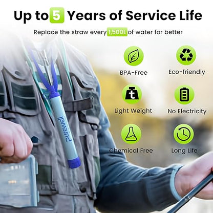 Purewell Outdoor Water Personal Water Filtration Straw Emergency Survival Gear Water Purifier for Camping Hiking Climbing Backpacking(4pcs)