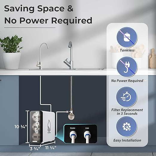 PureDrop PDR-3CUW 0.01μm Ultra-Filtration Under Sink Water Filter System, SGS-Tested Tankless 3-Stage Compact Undersink Water Filtration with Faucet, Removes Chlorine, Bad Taste & Odor, No Waste Water