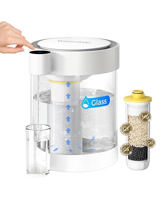 Waterdrop ED12W Glass Rechargeable Water Filter Dispenser, Large 22-Cup, Reduce 70+ Contaminants, Instant Eco-Friendly Countertop Water Filter System, 5-Stage Soften Water Pitcher, with 1 Filter