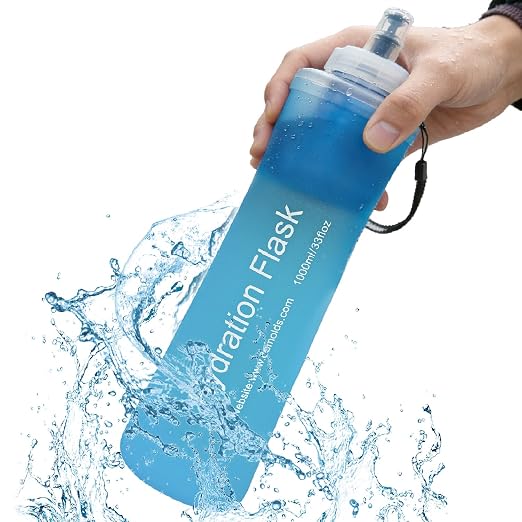 AXEN Collapsible Water Bottle with Filter System, Soft Hydration Flask for Trail Running, Camping, Hiking, Cycling, 1L Blue