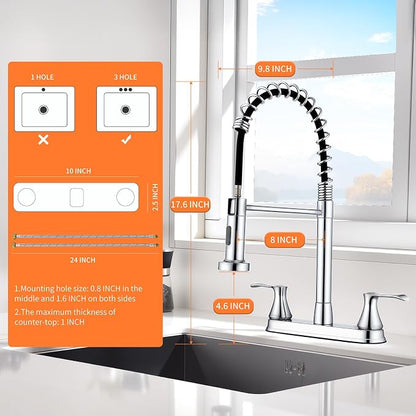 HOMELODY 2 Handles Kitchen Faucet with Pull Down Sprayer for 3 Hole Sink, 360° Rotating Spout Commercial 2 Handle Stainless Steel Kitchen Faucets with Deck Plate Chrome