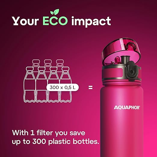 AQUAPHOR City Water Filter Bottle 500 ml | Portable Filtered Water Bottle with Integrated Water Purifier | BPA-Free | Reusable Bottle with Water Filter for Camping, Travel & Outdoor Use | Pink