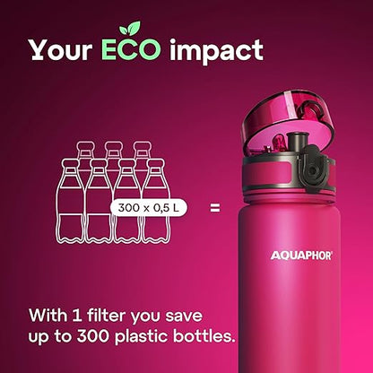 AQUAPHOR City Water Filter Bottle 500 ml | Portable Filtered Water Bottle with Integrated Water Purifier | BPA-Free | Reusable Bottle with Water Filter for Camping, Travel & Outdoor Use | Pink