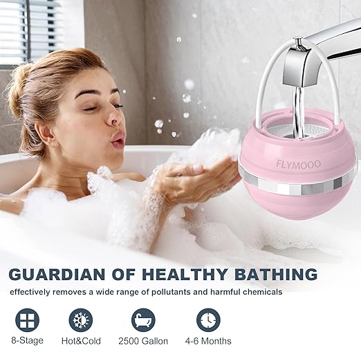 FLYMOOO Bath Filter for Tub, Bathtub Faucet Water Filter with 8 Stages & 2,500 Gallons of Filtration to Reduce Contaminants for Softer, Smoother Skin (Pink)