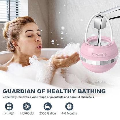 FLYMOOO Bath Filter for Tub, Bathtub Faucet Water Filter with 8 Stages & 2,500 Gallons of Filtration to Reduce Contaminants for Softer, Smoother Skin (Pink)