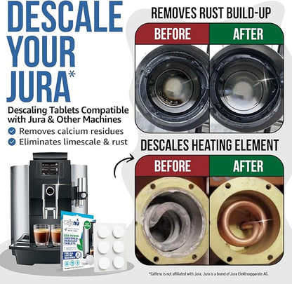 Caffenu Descaling Tablets Pack of 6. Coffee Machine Descaler Tablets. Compatible with Jura, Mellita, Siemens, Phillips and Saeco. Remove Limescale & Build-up. Complete the Barista Kit