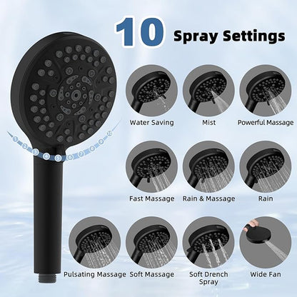 All Metal Rain Shower Head with Handheld Spray Combo, 8” High Pressure Rainfall Shower Head with 16" Shower Extension Arm, 10-Spray Handheld Showerhead Powerful Wash, Brass 3-Way Diverter, MatteBlack