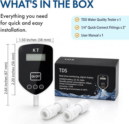 Inline TDS Water Quality Monitor,1/4"Quick Connect for Aquarium&RO | Inline TDS water quality monitor with 1/4" quick connect & 3-color indicator light. ±2% titanium sensor for RO & aquarium.