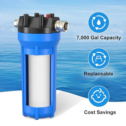 4-Layer RV Water Filter with Stand and 7,000 Gallons Capacity, 3/4" GHT Metal Threads Inline Water Filter, Removes Sediments, Chlorine, PFAS, PFOS, VOCs, Heavy Metals, Bad Taste, Odor