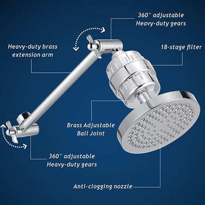Filtered Shower Head with Extension Arm, High Pressure Rain Showerhead Filter Set for Hard Water Removes Chlorine and Harmful Substances (Chrome)
