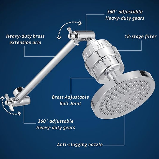 Filtered Shower Head with Extension Arm, High Pressure Rain Showerhead Filter Set for Hard Water Removes Chlorine and Harmful Substances (Chrome)