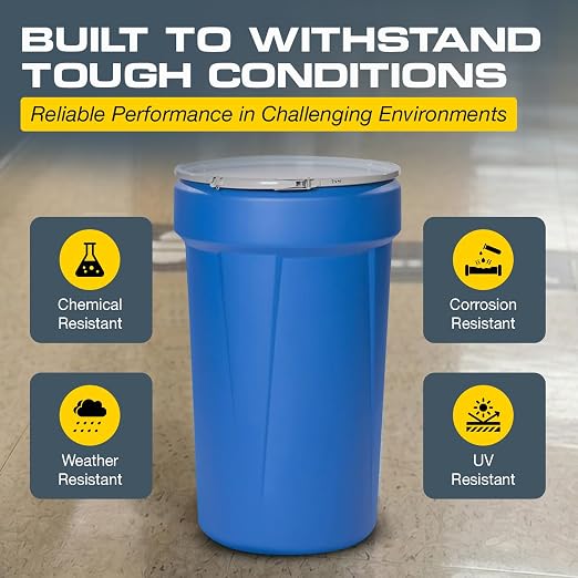 Eagle Plastic Drum, 55 Gallon Drum, DOT Compliant, Made in USA, Blue | High-Density-Polyethylene Construction, Open Head Lab Pack Drum, Metal Lever-Lock Lid, Hazardous Material Storage, Transport