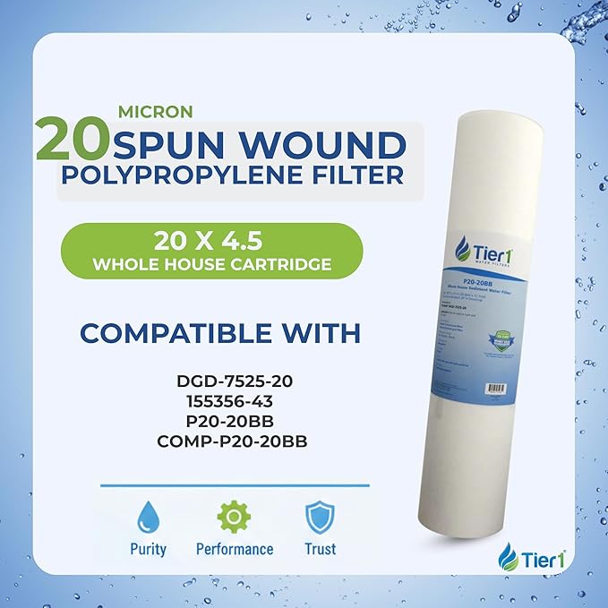 Tier1 20 Micron 20x4.5 Water Filter | Spun Wound Polypropylene Whole House Water Pre-Filter Cartridge | Replacement for Pentek DGD-7525-20,155356-43, P20-20BB | 4.5 x 20 Sediment Water Filter (6-Pack)