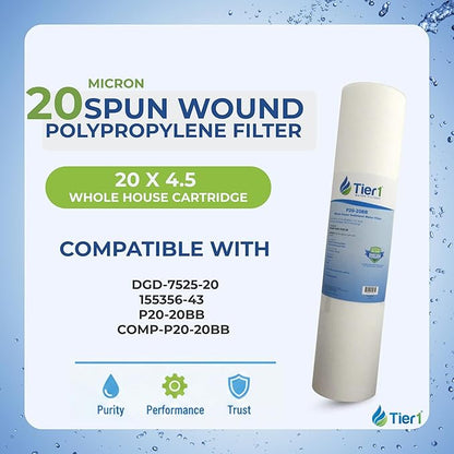 Tier1 20 Micron 20x4.5 Water Filter | Spun Wound Polypropylene Whole House Water Filter Cartridge | Replacement for Pentek DGD-7525-20,155356-43, P20-20BB | 4.5 x 20 Sediment Water Filter (12-Pack)