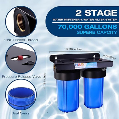 H&G Lifestyles Whole House Water Softener and Filtration System 10" x 4.5" | 2 Stage Water Softener & Filter, Calcium Inhibitor Filter, Anti-Scale Cation Ion Exchange, Remove Rust Chlorine Heavy Metal