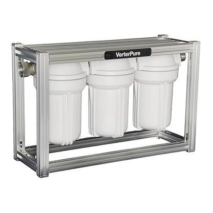 S3 Mini External 3-Stage RV Fresh Water Filter System, Compact, 5 Inch Filters, 3/4" GHT Stainless Steel Fittings, Reduce Sediment, Chlorine, Odor, All Aluminium Free-Standing Chassis, Silver