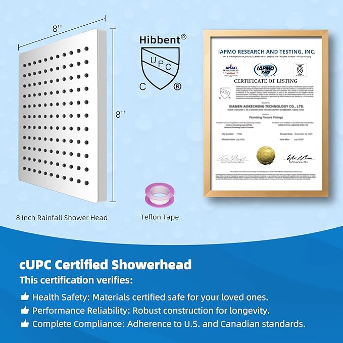 Hibbent cUCPC Certified Thickness Rain Shower Head, 8'' High Pressure Rainfall Shower Head, Square Bathroom Waterfall Shower Heads, High Flow Fixed Showerheads with Adjustable Brass Ball Joint, Chrome