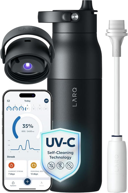 LARQ PureVis 2 Self Cleaning Water Bottle - UV Water Purifier with Filter Straw, Smart App Hydration Tracking, Insulated Stainless Steel