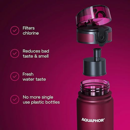 AQUAPHOR City Water Filter Bottle 500 ml | Portable Filtered Water Bottle with Integrated Water Purifier | BPA-Free | Reusable Bottle with Water Filter for Camping, Travel & Outdoor Use | Ruby Red