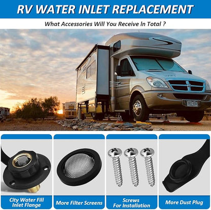 RV Water Inlet Connection City Water Fill Inlet Flange Brass,RV City Water Fill Inlet Plastic Flange with Check Valve Camper Black