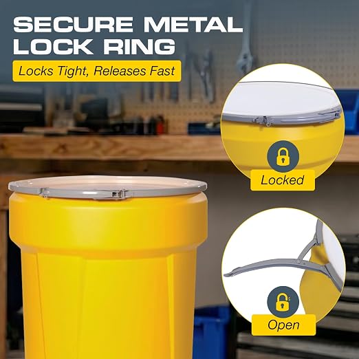 Eagle Plastic Drum, 55 Gallon Drum, DOT Compliant, Made in USA, Yellow | High-Density-Polyethylene Construction, Open Head Lab Pack Drum, Metal Lever-Lock Lid, Hazardous Material Storage, Transport