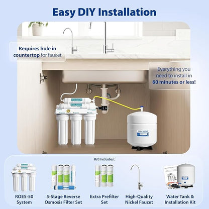 APEC Water Systems ROES-50 Essence Series Top Tier 5-Stage WQA Certified Ultra Safe Reverse Osmosis Drinking Water Filter System with Extra High Capacity Pre-Filter Set Stage 1-3