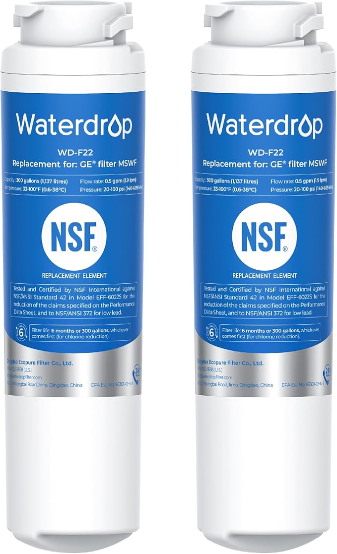 Waterdrop MSWF Refrigerator Water Filter, Replacement for GE® MSWF, 101820A, 101821B, RWF1500A, NSF 42&372 Certified, Pack of 2 (Package May Vary)
